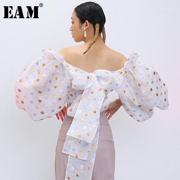 

eam] women dot printed bandage bow blouse new slash neck half puff sleeve loose fit shirt fashion tide spring summer 2020 1t9121, White