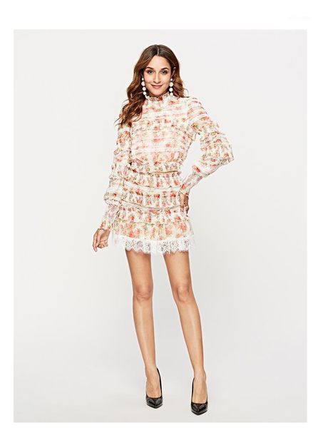 

2019 europe and the united states spring and summer new long-sleeved printing 2 sets of lanterns sleeves shirt fl dress + suit1, White;black