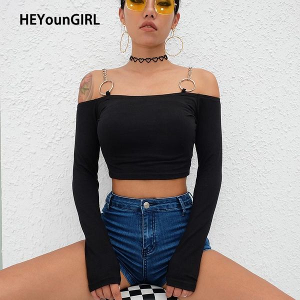 

heyoungirl off shoulder black t shirt womens patchwork chain long sleeve shirt women crop cotton streetwear tees, White