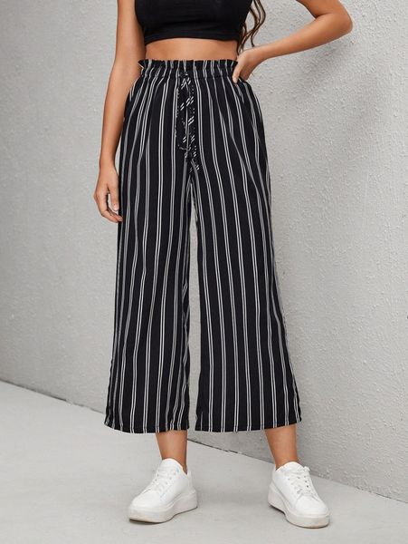 

striped drawstring waist wide leg pants j4sq#, Black;white