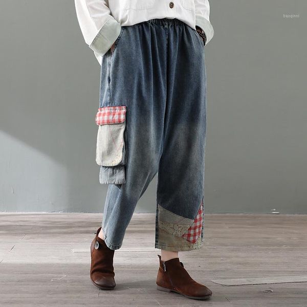 

women jeans patchwork pockets 2020 spring new vintage harem pants elastic waist loose fashion casual women trousers1, Blue