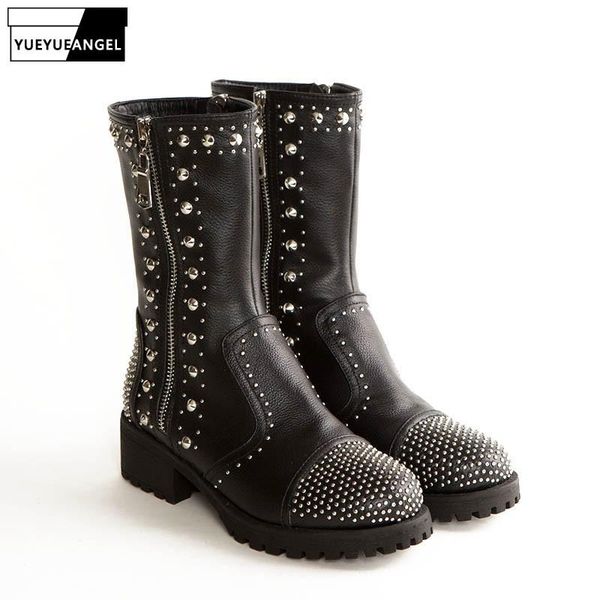 

2020 new women rivet punk motorcycle boots genuine leather black female shoes rock zipper mid calf block med heel boots