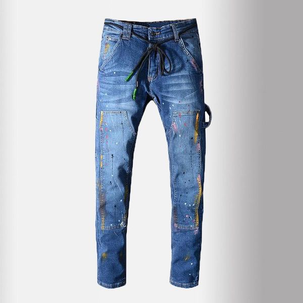 

men's jeans man luxury painted blue stretch with string belt fashion pockets patchwork denim pants high quality