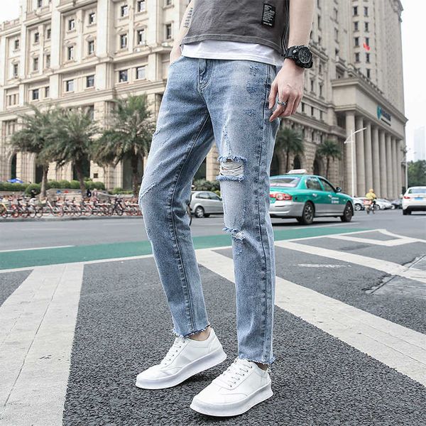 

2021 new hole jeans men ripped distressed blue korean fashion casual slim fit homme denim trousers ankle-length pants plus size