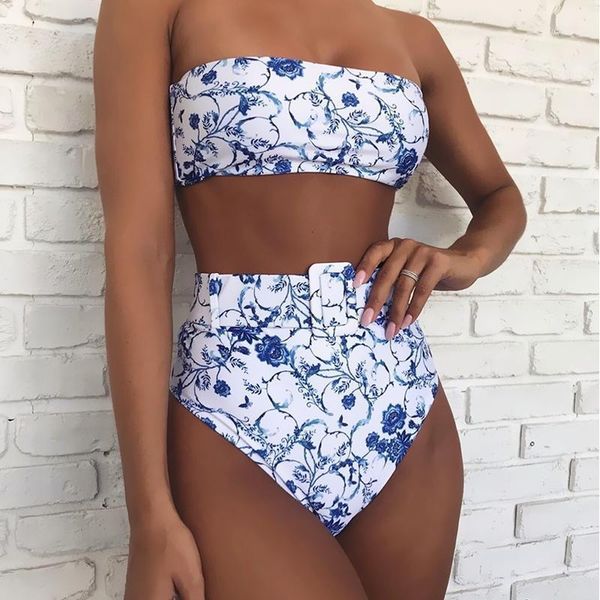 

misswim high waist bikini 2020 bandeau swimsuit women bathers belt bathing suit print swimwear without straps summer beach wear1, White;black