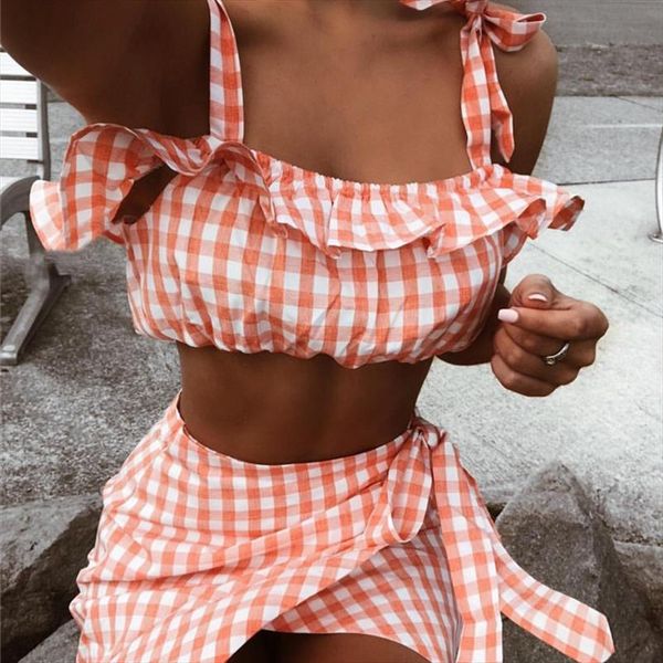 

2pcs fashion clothing set women ladies summer plaids outfits off shoulder crop and mini skirts bandage fancy suit party club, Gray