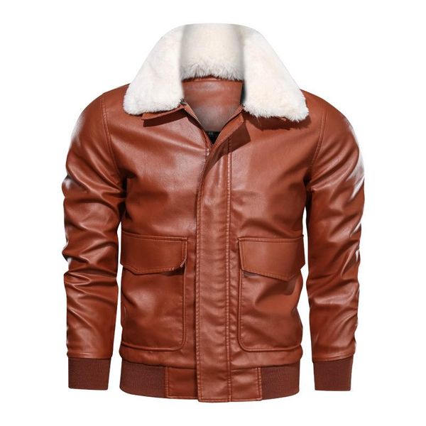 

spring autumn fur collar detachable leather jacket men big pockets motorcycle leather jacket men pu coats simple biker, Black