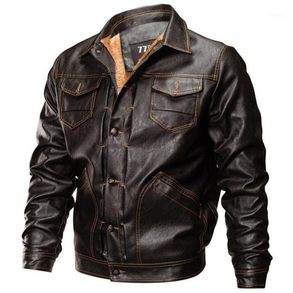 

pu leather jacket men autumn winter plus velvet jackets man multi pockets thick fleece warm flight faux leather coats1, Black