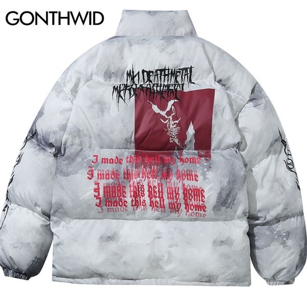 

gonthwid creative graffiti ink tie dye print parka jackets streetwear hip hop hipster punk rock cotton padded puffer parkas coat 201201, Black