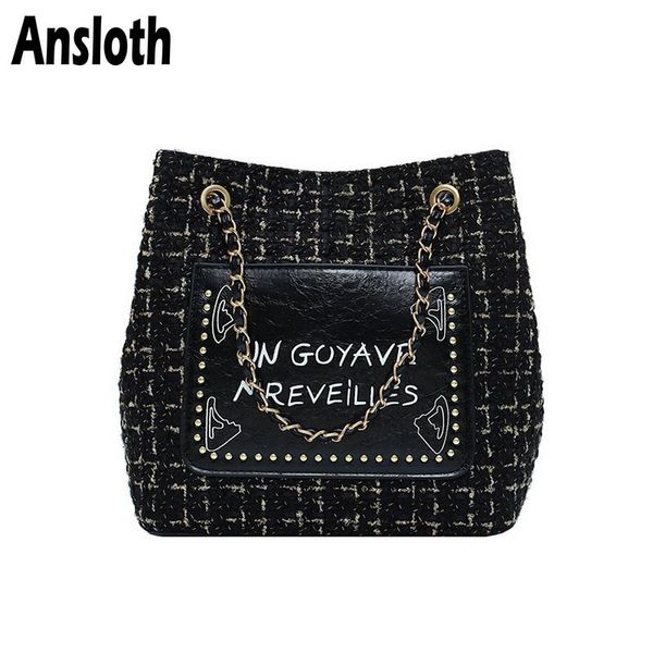 

ansloth wool shoulder bag women patchwork handbag lady chain crossbody bag letter printing handle female winter hps713