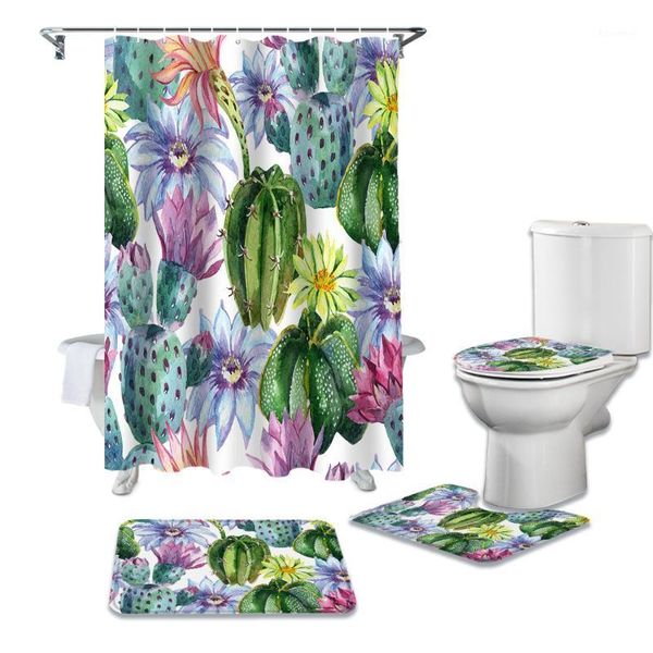 

watercolor cactus flowers shower curtain sets non-slip rugs toilet lid cover and bath mat waterproof bathroom curtains1