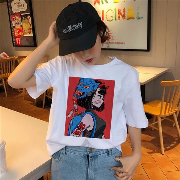 

harajuku summer female devil letter spoof printing casual loose fun vintage large size punk o neck japanese gothic t shirt, White