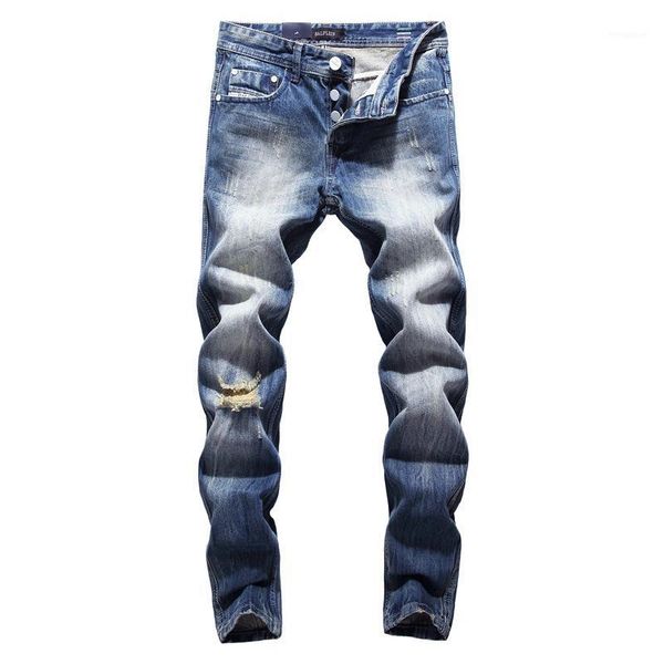 

vintage style fashion men's jeans blue color white wash classical ripped jeans men buttons pants brand biker homme1