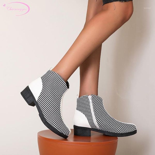 

street style round toe ankle boots matching color plaid fringe zipper beige brown medium with motorcycle boots women's shoes1, Black