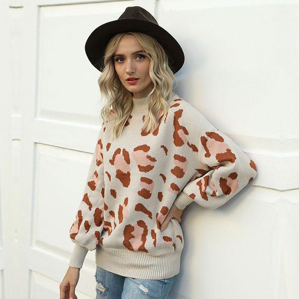 

fashion leopard autumn winter 2020 new ladies knitted sweater women cozy o-neck full sleeve pullovers apricot gray khaki, White;black