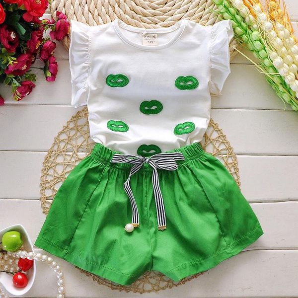 

2020 summer girls two piece suit lip embroidered t-shirt shorts school style children's clothing sets 4 5 6 7 8 9 10 ages, White