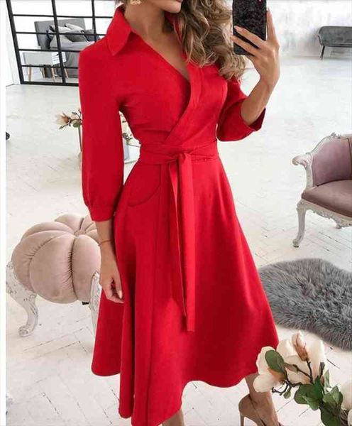 

women solid color belt turn-down collar prom shirt dress fashion elegant dresses ladies 3 4 sleeve ruffles midi dress vestidos, Black;gray