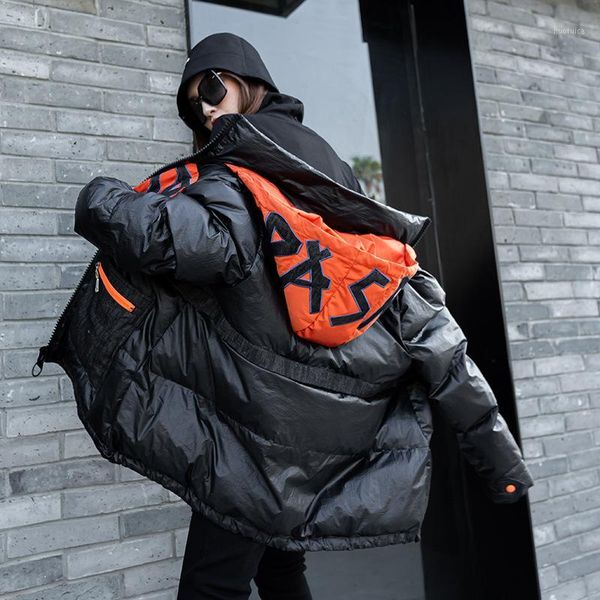 

women winter fashion splice loose casual hooded thick warm parka cotton padded jacket female streetwear hip hop coat outerwear1, Black