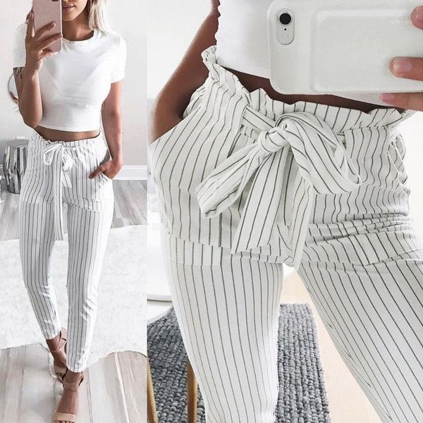 

2019 new fashion women high waisted striped harem pants elastic waist plaid harem long pants casual female loose trousers1, Black;white