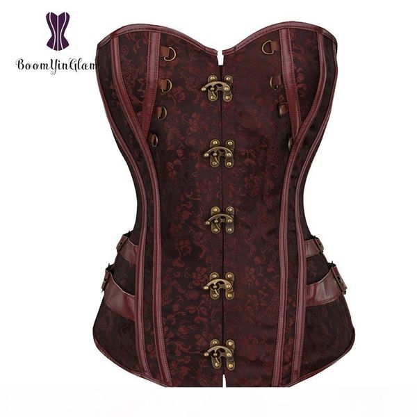 

waist trainer brocade steampunk jacquard faux leather studded overbust brown corset bustier with chains s-6xl 916#, Black;white