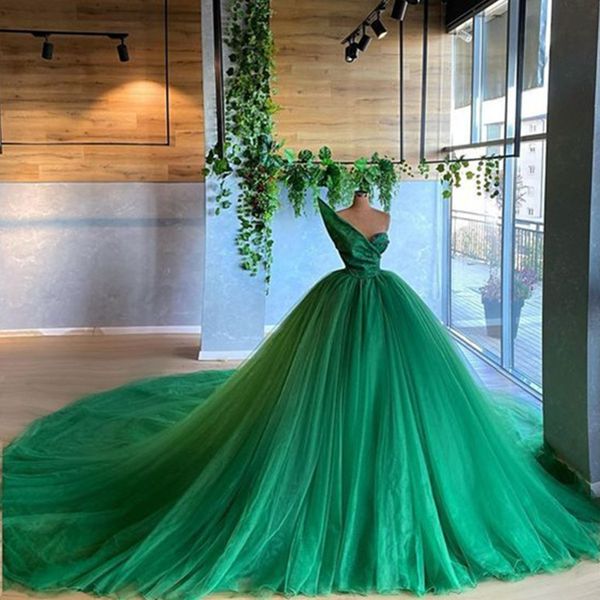 Sexy Arabic Aso Ebi Dark Green Tulle Kimono Женщины Органза Выпускные Платья Пухлые Лещины Вечерние платья Африканский