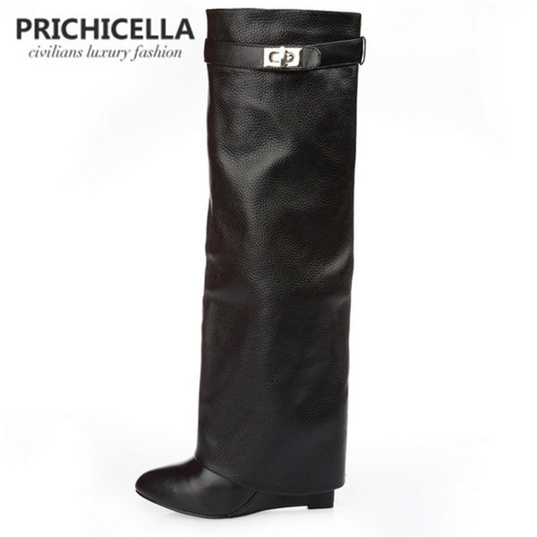 

prichicella genuine leather pointed toe buckle strap lock wedge gladiator knee high tall boots size34-42 y200723, Black