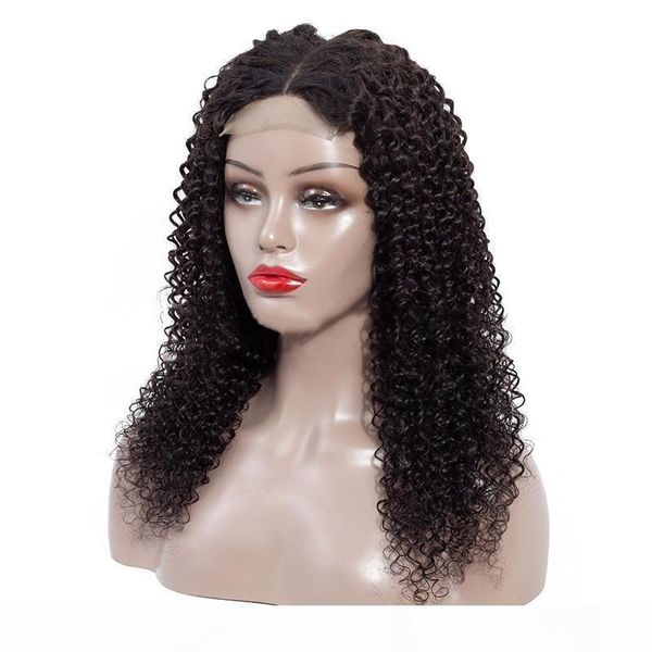 

lace front human hair wig brazilian virgin kinky curly hair 4x4 lace closure wigs with baby hair middle part natural color 10-24 inch, Black;brown