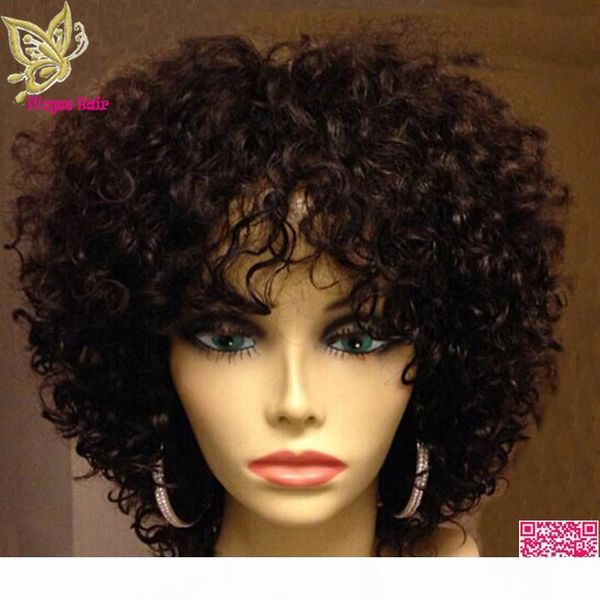 

short kinky curly lace front human hair wigs with bangs peruvian virgin hair glueless full lace human hair wig for black women, Black;brown
