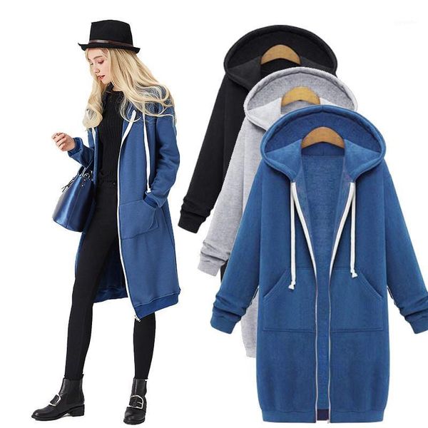 

plus size outwear 2020 autumn winter casual women long hoodies sweatshirt coat zipper solid outerwear hooded jacket1, Black