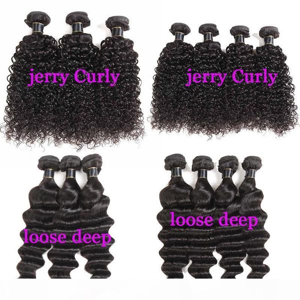 

100% brazilian remy human virgin hair loose deep jerry curly hair weaves double wefts 3 4 bundles lot brazilian hair extensions, Black;brown