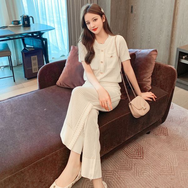 

temperament suit women metal button decoration hollow out short sleeve t-shirt pants fashion two-piece pant suit pantswide leg pants wide le, Gray