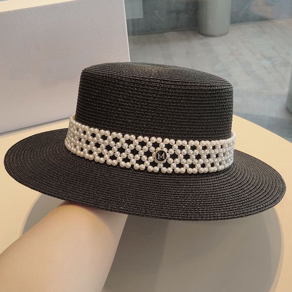 

trendy british french hats flat straw hat pearl beach hats caps women designer holiday sea hats, Blue;gray