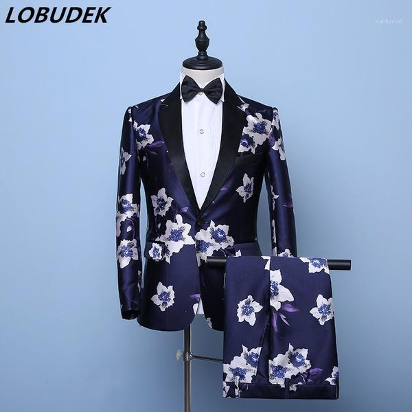 

men blue 2 pieces suit bridegroom wedding banquet flower suits floral print groom tuxedo party prom singe host stage costume new1, White;black