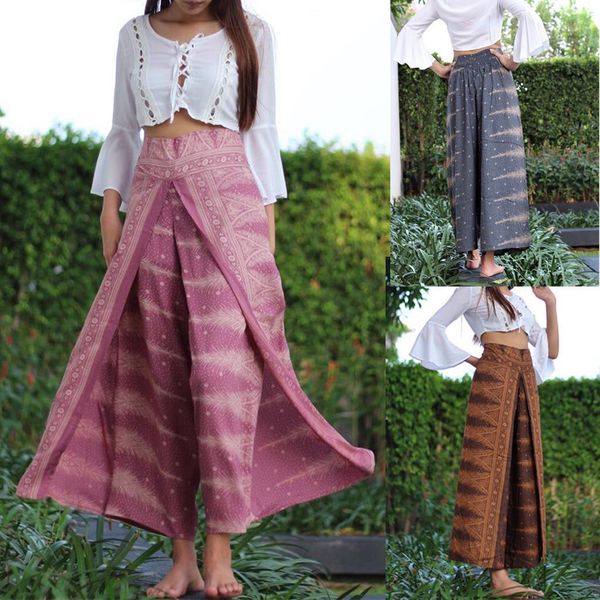 

bohemian pants women's fashion thai style printed loose summer travel lounge festival beach print wide leg pants, Black;white