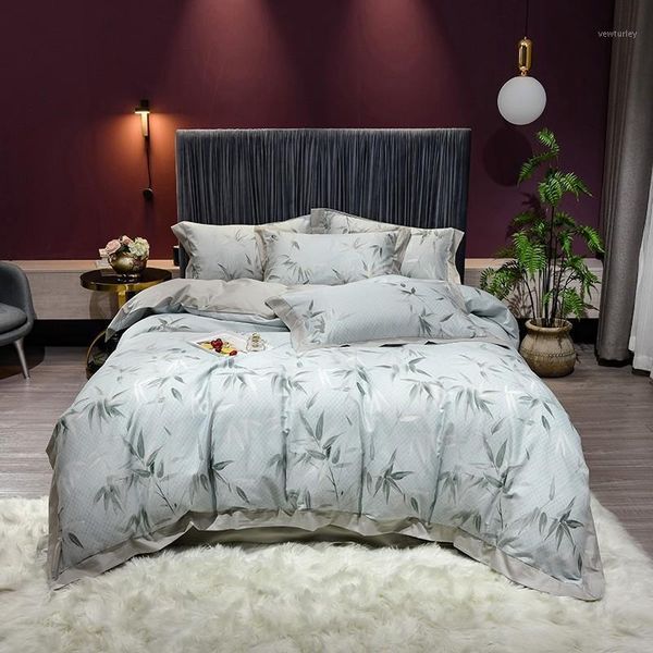 

bedding sets bamboo leaves duvet cover set(1 cover+1flat sheet+2 pillowcases)soft 100%cotton botanical floral set  king1