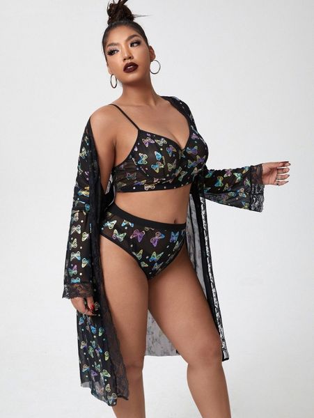 

3pack plus colorful butterfly mesh lingerie set with robe z9po#, Black;white
