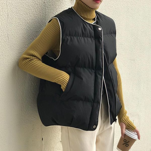 

sleeveless collared cotton waistcoat, winter 2021 new korean version of coat, round neck loose warm vest, Black;white