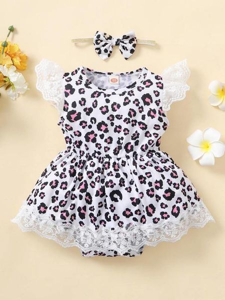 

baby leopard print contrast lace combo bodysuit dress & headband she, Red;yellow