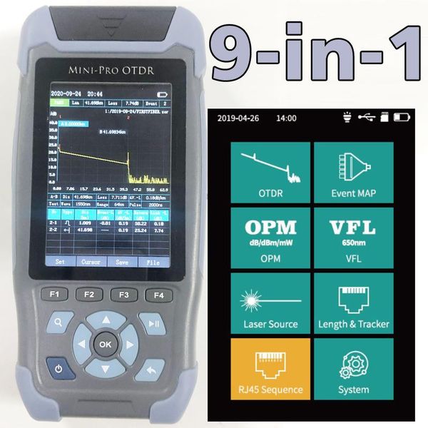 

980rev mini pro otdr reflectometer 9 functions in 1 device opm ols vfl event map rj45 ethernet cable sequence distance tracker