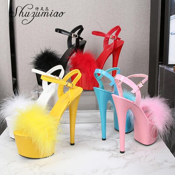 

new fur sandals stripers heels women shoes 13 15 17 20 cm high heels platform ladies sandals girls shoes for party club, Black