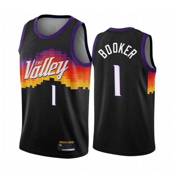 

2020 phoenix suns men nba devin booker 1 black city the valley 2020 21 basketball jersey, Black;red