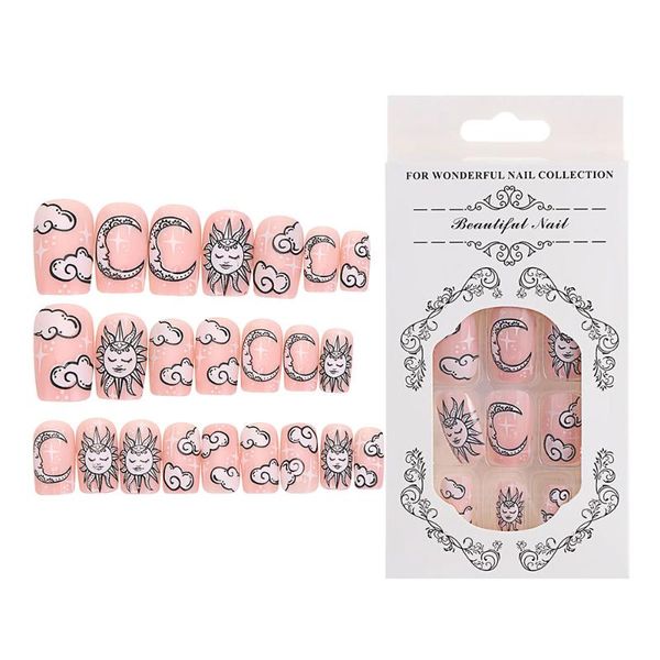 

24 pcs/set false nail tips round head french full cover fake nails cartoon sun moon cloud pattern manicure fake nails with glue, Red;gold