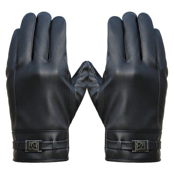 

men' winter washed leather touch screen warm gloves windfproof riding plus velvet business mittens elegant, Blue;gray