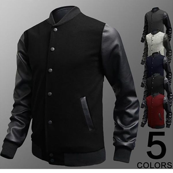 

2020 cool mens wine red baseball jacket autumn fashion slim black pu leather sleeve bomber jacket men brand varsity jackets y1, Black;brown