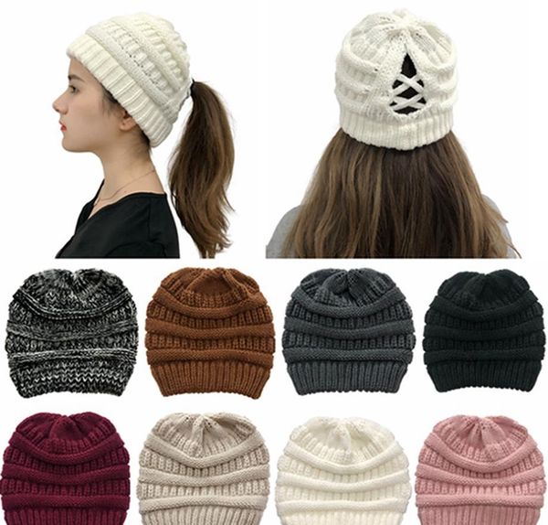 

winter criss cross ponytail beanie warm wool knitted hat messy cross ponytail knitting hat women winter warm beanie hha1597
