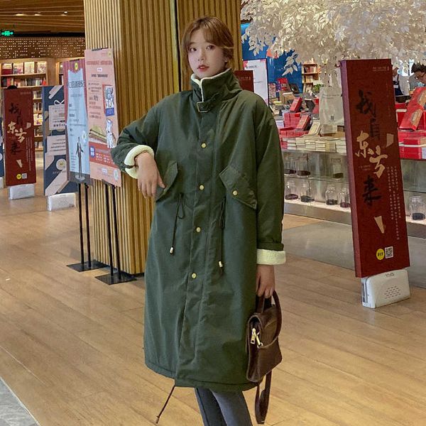

2020 women's winter jacket x-long turn down collar thick coat ladies oversized solid covered button cotton padded casual parkas, Black