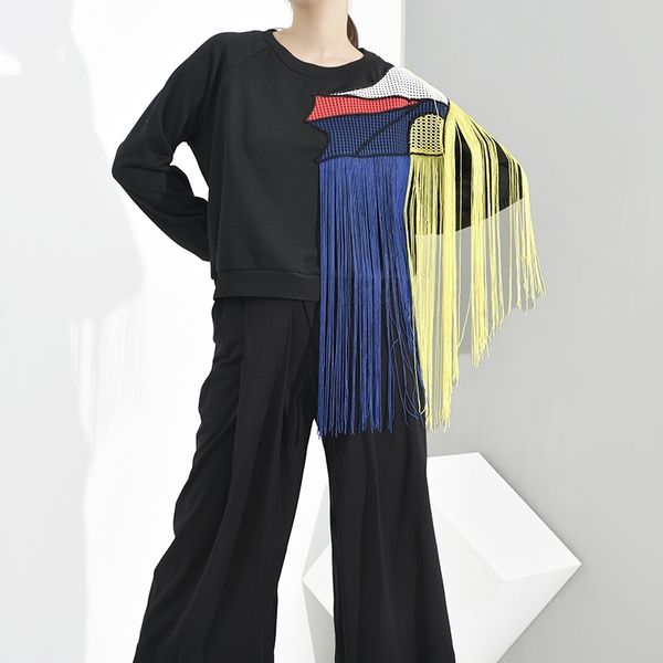 

[eam] loose fit black colorful tassels sweatshirt new round neck long sleeve women big size fashion spring autumn 1d7610 201203