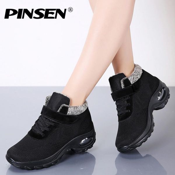 

boots pinsen 2021 women comfortable winter keep warm lace-up non-slip mother shoes botas mujer, Black