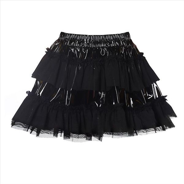 

women gothic black pvc leather mesh patchwork ruffle mini skirt ds clubwear drop shipping good quality