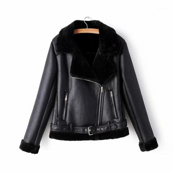 

fashion female fur collar jackets 2020 winter cool women pu leather jacket moto female belt coats young girls black coat1